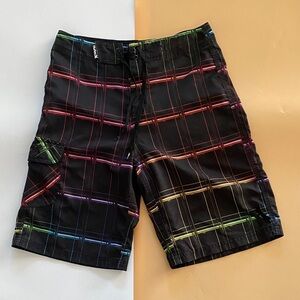 Hurley Black Board Shorts with Rainbow Plaid